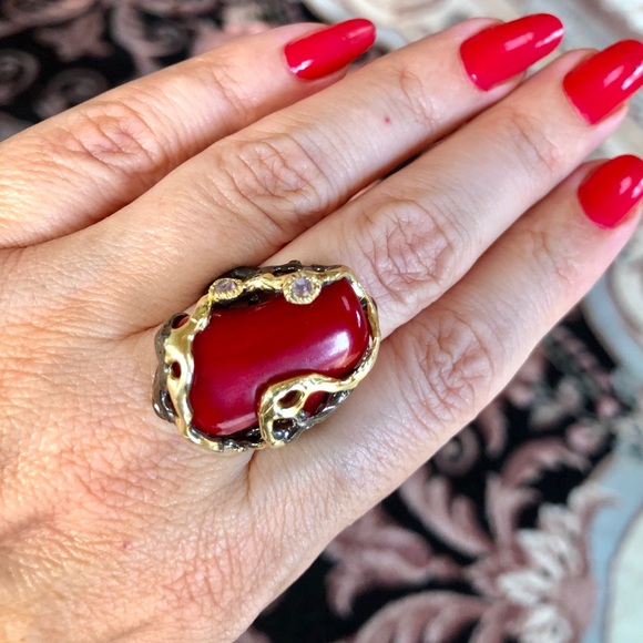 Unique Natural Red Coral Ring with Amethyst